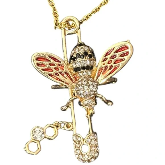 40-25 Golden Bee Brooch/Pendant Necklace with Gemstone Accents - Picture 3 of 4